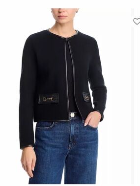 Sioni Black Cropped Blazer with Leather-Trim Pocket Details 0442